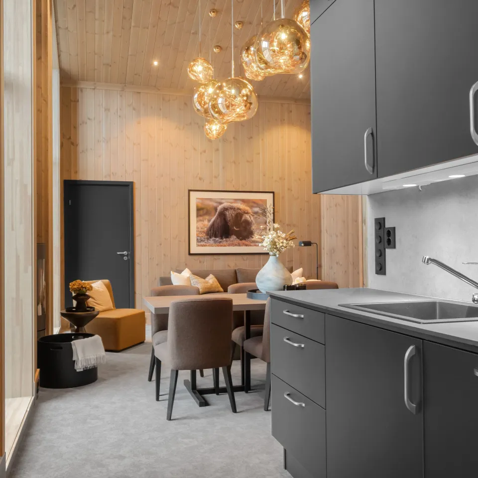 Interiør med mørke kjøkkenskap, vask og spisebord, trepanel på vegger og tak, og stue med sofa i bakgrunnen..