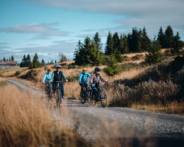 Familie på tur i Hafjell på sykkel på sommeren. 